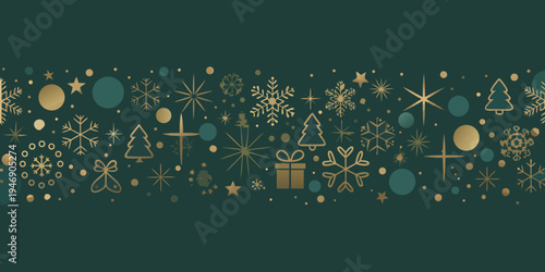 Festive golden holiday icons and shapes on a dark teal background