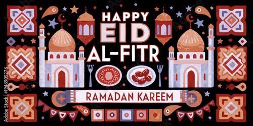 Festive eid al fitr illustration with lanterns mosques and traditional decorations