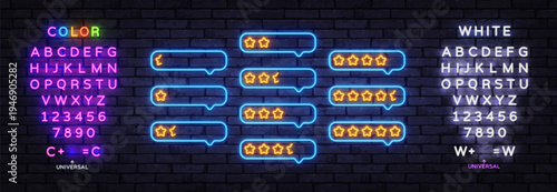 Neon star rating bubbles glowing on dark brick wall background. Bright feedback icons with different score levels create modern review interface style.