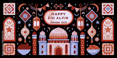 Festive eid al fir illustration with mosque lanterns and celebratory decorations