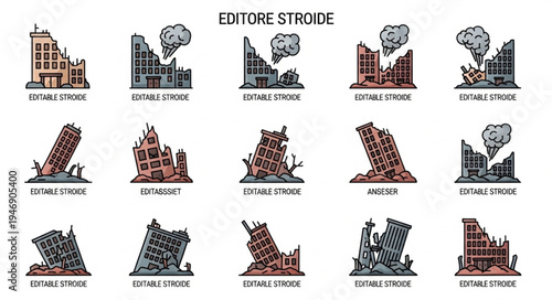 Collection of Destroyed Buildings Illustrations in Various States of Ruin.