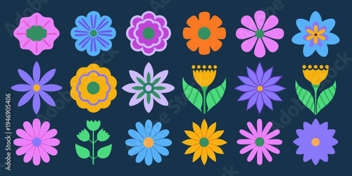 Colorful stylized floral arrangement with diverse flower shapes and hues