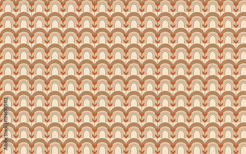 Seamless retro mid-century modern pattern with earthy brown arches and botanical stems