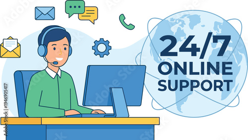 Customer service support operator with headset, 24/7 online help desk concept, technical assistance communication vector illustration