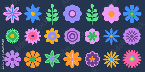 Colorful stylized floral arrangement with various blossom shapes and hues
