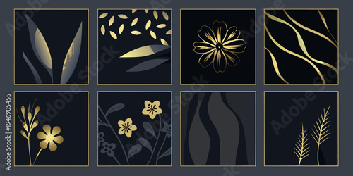 Eight abstract botanical patterns with golden accents on dark backgrounds