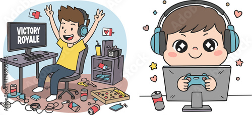 Cute gamer boy playing video games on computer, happy gaming victory cartoon character, online streaming lifestyle illustration vector design
