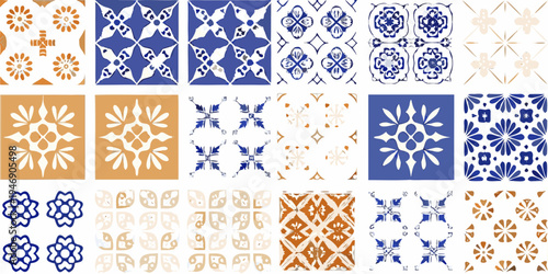 Collection of ornate repeating tile patterns in blue orange and white