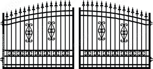 Modern Wrought Iron Double Gate Vector with Decorative Spears and Filigree Elements for Residential Security, Garden Fencing, and Luxury Home Estate Entrance Designs