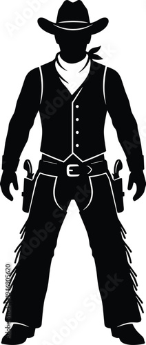 Western cowboy gunslinger silhouette wearing vest, hat and bandana with holstered revolvers isolated on white background wild west