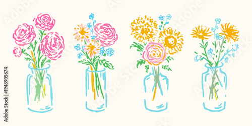 Colorful floral arrangements in vases a whimsical hand drawn illustration