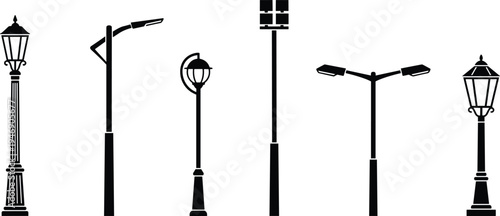 Street lamp silhouette collection, city streetlight poles set, urban lighting infrastructure icons, modern and vintage lamp vector illustration