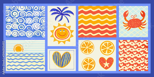 Colorful summer themed patterns arranged in a grid formation