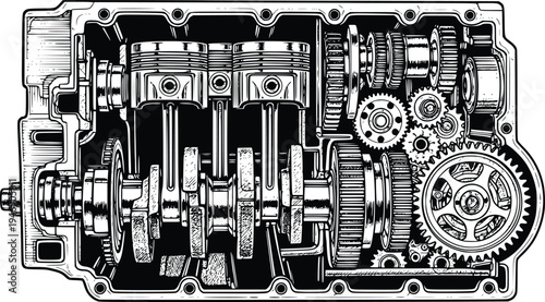 Internal Combustion Engine Cutaway with Pistons and Gears Hand Drawn Mechanical Vector