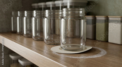Empty glass jar with moisture ring on a wooden storage shelf