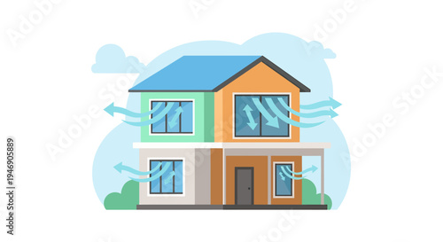 Colorful modern two story house with bright facade and windows. Vector Illustrations. EPS Editable