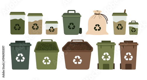 Colorful Recycling Bins Arrangement for Environmental Awareness. Vector Illustrations. EPS Editable