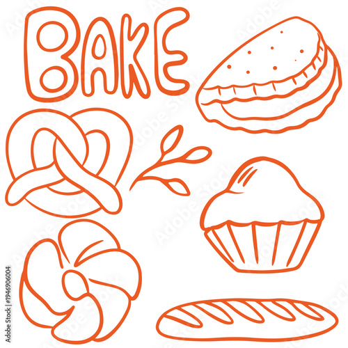 Bakery hand drawn doodle set with pretzel cupcake pastry bread and bake lettering

