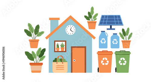 Eco Friendly Home With Solar Panels And Green Garden. Vector Illustrations. EPS Editable