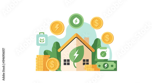 Eco Friendly House With Energy Savings. Vector Illustrations. EPS Editable