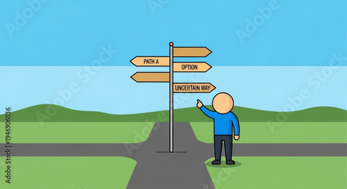 Man at crossroads with signs.