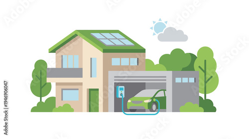 Eco Friendly Modern House with Solar Panels and Greenery. Vector Illustrations. EPS Editable