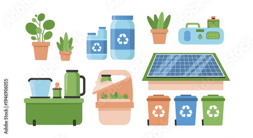 Eco friendly Recycling and Solar Panel Scene with Plants and Bins. Vector Illustrations. EPS Editable