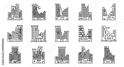 Collection of Damaged Buildings in a Post-Apocalyptic Cityscape.
