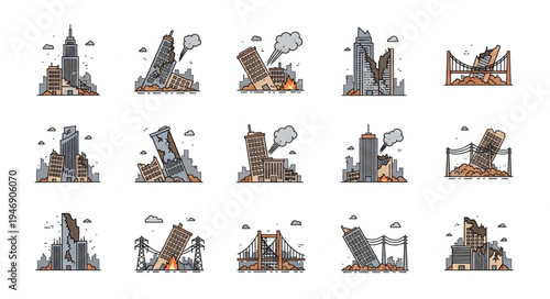 Collection of Illustrated Cityscapes with Falling Objects and Debris.