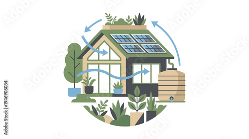 Eco Friendly Solar Home With Garden and Beekeeping. Vector Illustrations. EPS Editable