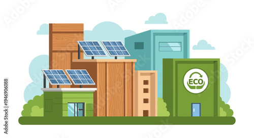 Eco Friendly Solar Powered Modern Building Complex with Green Technology. Vector Illustrations. EPS Editable