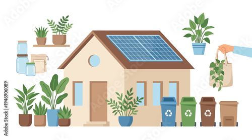 Eco Friendly Solar Powered Home with Greenery and Recycling Bins. Vector Illustrations. EPS Editable