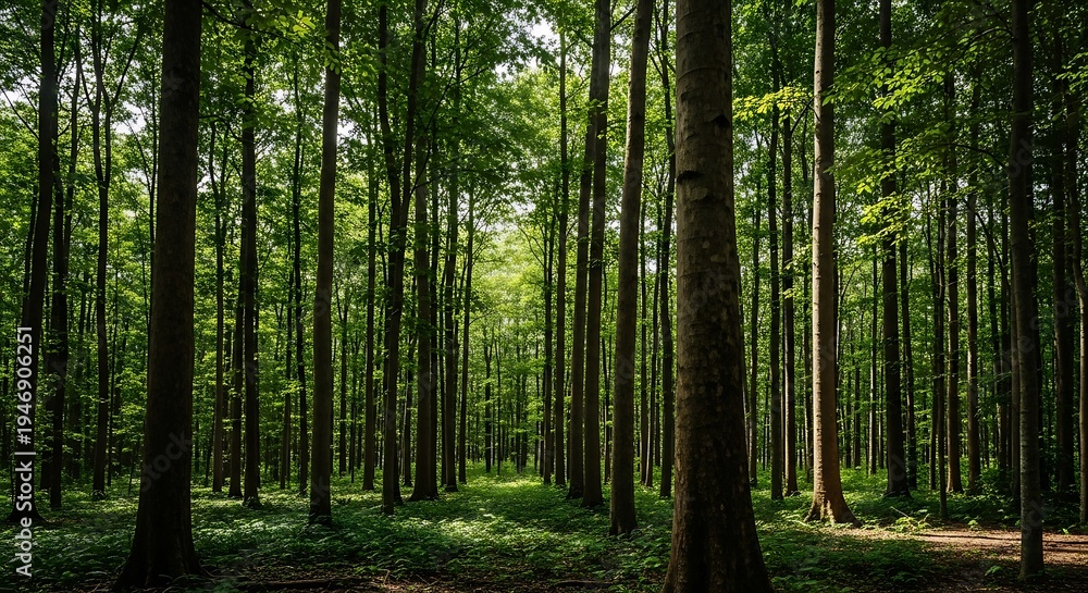 Fototapeta premium Sunlight filters through a dense, green deciduous forest canopy.