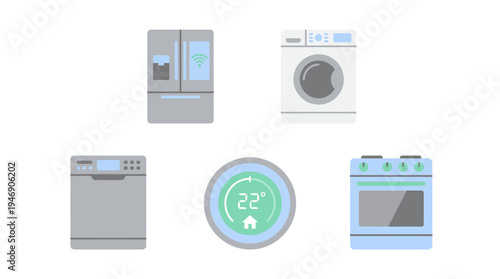 Modern Home Appliance Set Featuring Washer Dryer Stove Oven and Thermostat. Vector Illustrations. EPS Editable