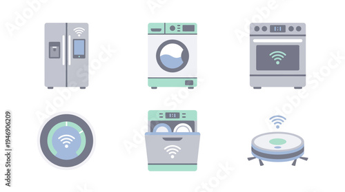 Modern Home Appliance Icons Set Featuring Refrigerator Washing Machine and Vacuum. Vector Illustrations. EPS Editable