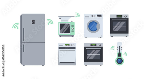 Modern Kitchen Appliances Set with Refrigerator and Ovens. Vector Illustrations. EPS Editable