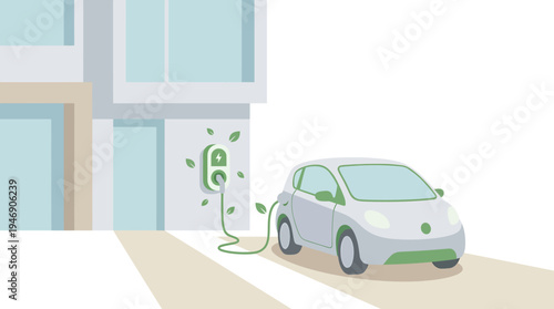 Pastel Electric Car Charging at Modern Home Exterior Scene. Vector Illustrations. EPS Editable