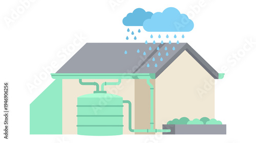 Rainy suburban house with garage roof and cloudy weather. Vector Illustrations. EPS Editable