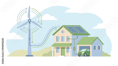 Renewable Energy Home with Solar Panels and Wind Turbine Illustration. Vector Illustrations. EPS Editable