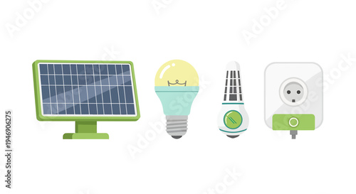 Renewable Energy Icons Illustration With Solar Panel Light Bulb and Plug. Vector Illustrations. EPS Editable