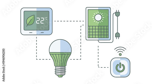 Smart Home Energy System With Thermostat Solar Panel LED Bulb and Automation. Vector Illustrations. EPS Editable