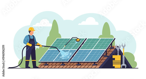 Solar Panel Installation On Rooftop With Technician. Vector Illustrations. EPS Editable