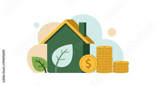Sustainable home investment concept with greenery and coins. Vector Illustrations. EPS Editable