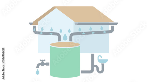 Sustainable Home Water Tank System with Filtration. Vector Illustrations. EPS Editable