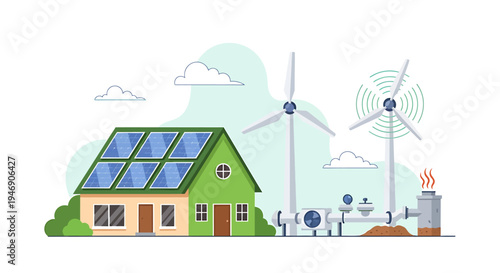 Sustainable Home with Solar and Wind Energy Solution. Vector Illustrations. EPS Editable