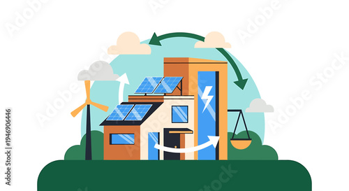 Sustainable Solar Powered Homes in a Modern Eco Village. Vector Illustrations. EPS Editable