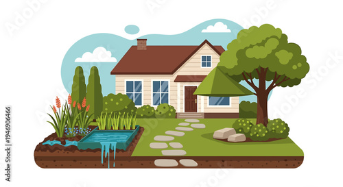 Tranquil Cottage Garden by Pond with Pathway and Trees. Vector Illustrations. EPS Editable