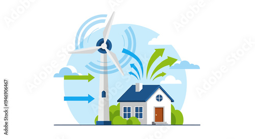 Sustainable Wind Turbine Home Harmony in Sunny Sky Scene. Vector Illustrations. EPS Editable