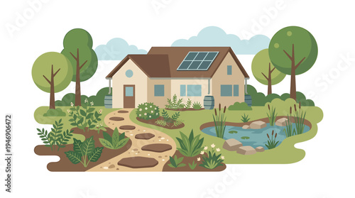 Tranquil suburban garden with solar powered home and pond. Vector Illustrations. EPS Editable