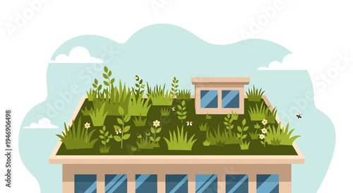 Urban Rooftop Garden With Lush Greenery and Sky. Vector Illustrations. EPS Editable